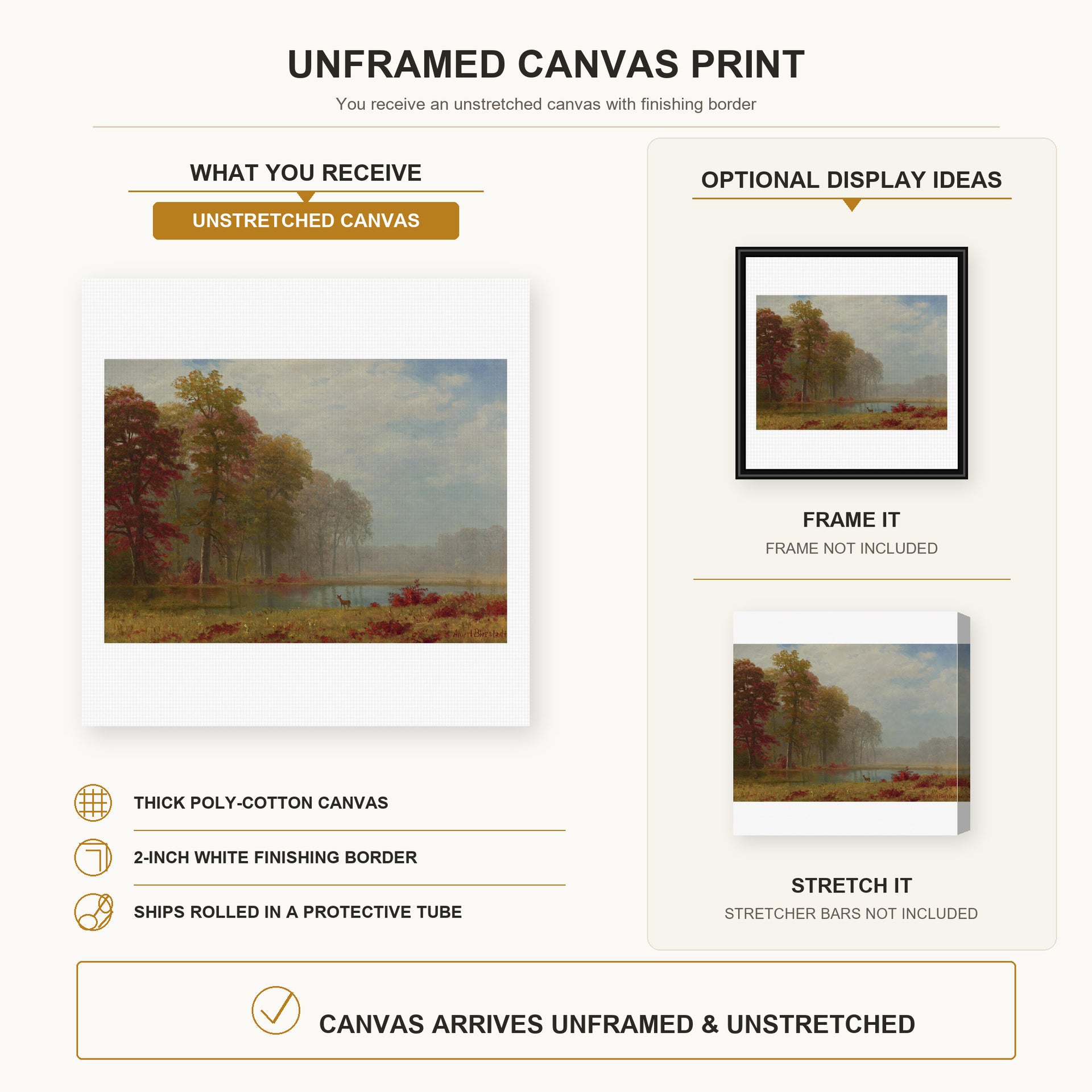 Albert Bierstadt - Autumn On The River canvas print size comparison and framing display infographic