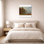 Gallery-wrapped canvas print of Albert Bierstadt's 'Autumn On The River' displayed on a wall in a bedroom