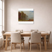 Gallery-wrapped canvas print of Albert Bierstadt's 'Autumn On The River' displayed on a wall in a dining room