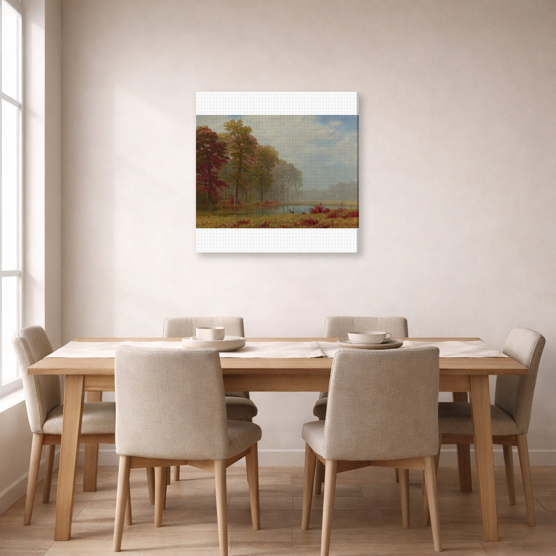 Gallery-wrapped canvas print of Albert Bierstadt's 'Autumn On The River' displayed on a wall in a dining room