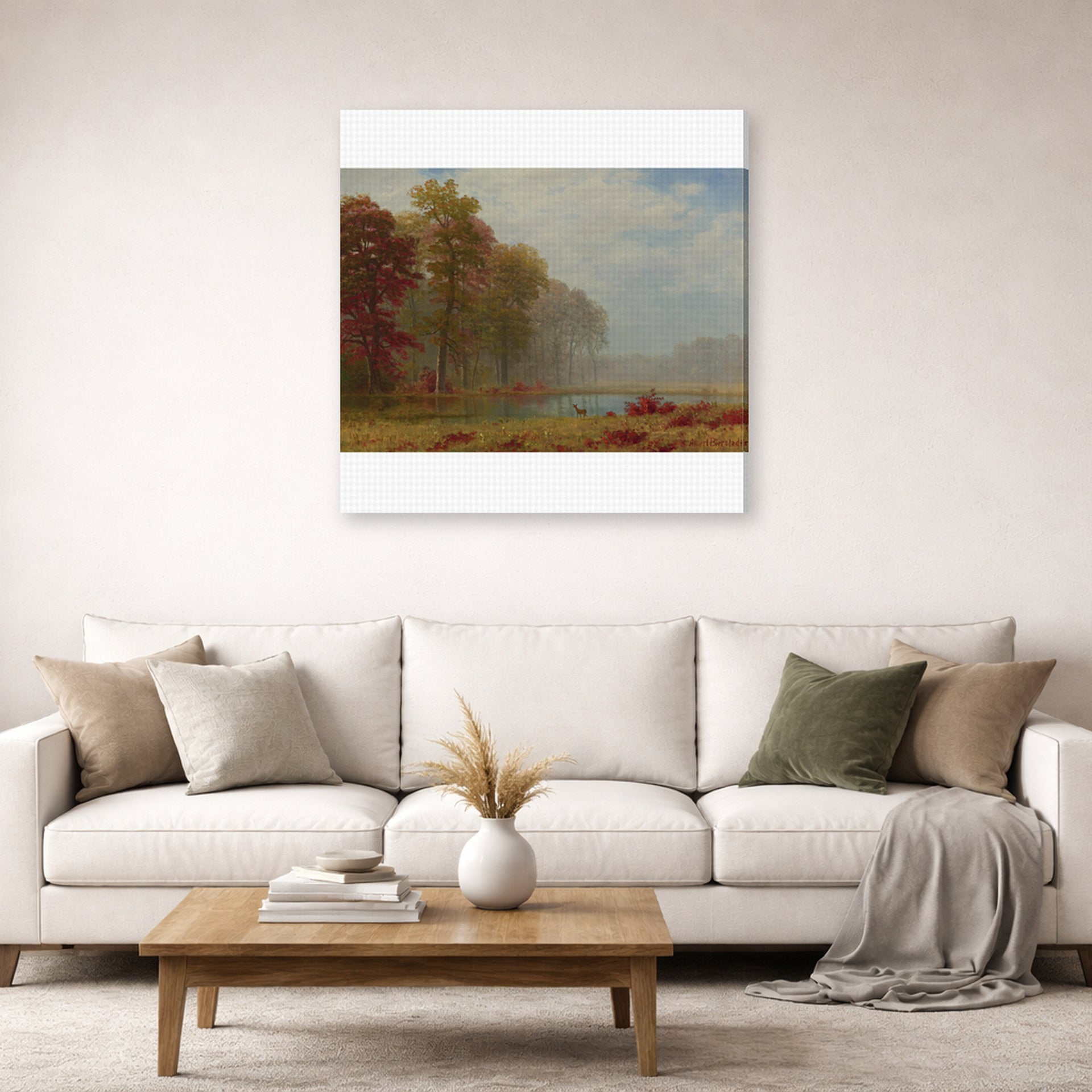 Gallery-wrapped canvas print of Albert Bierstadt's 'Autumn On The River' displayed on a wall in a living room