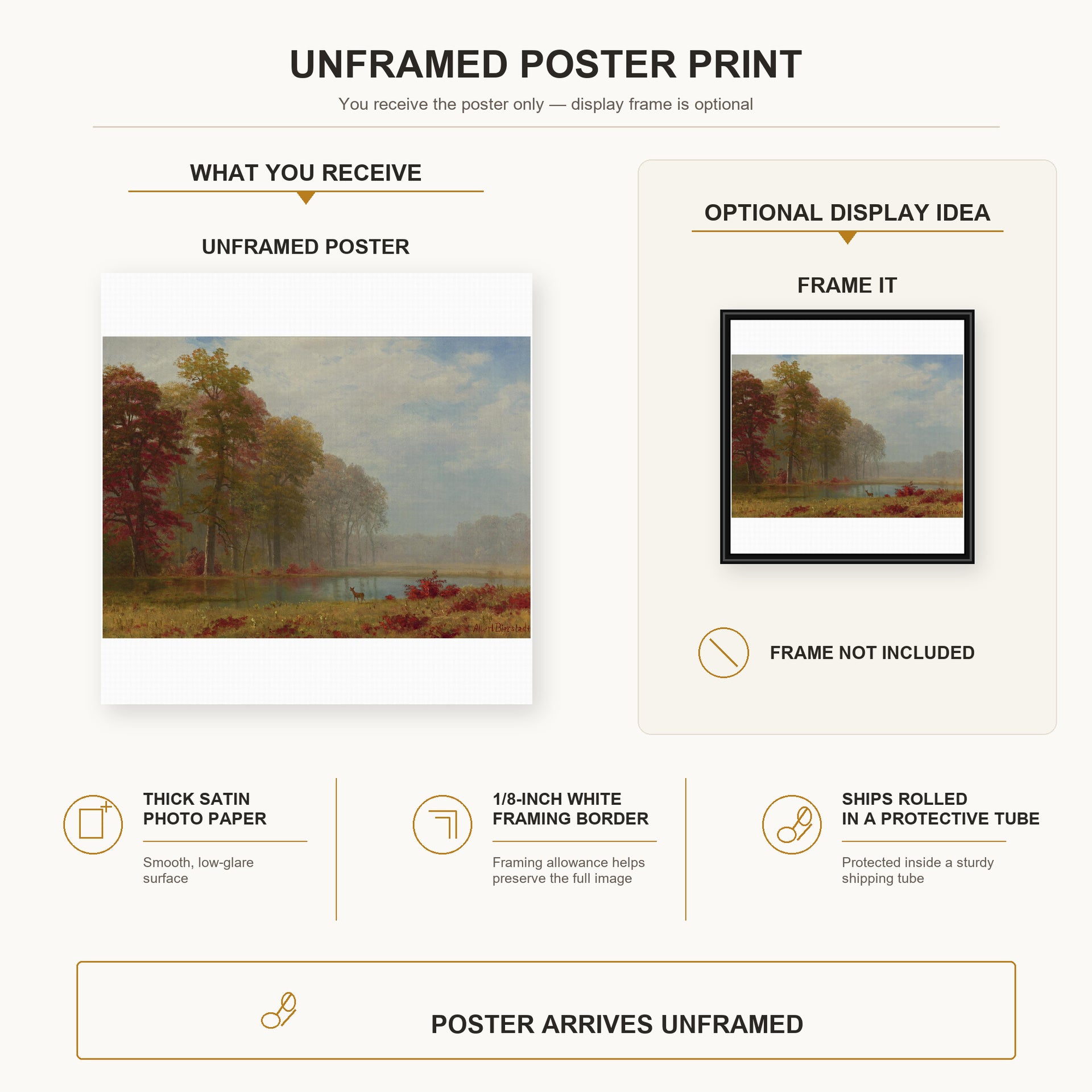 Albert Bierstadt - Autumn On The River poster print size comparison and framing display infographic