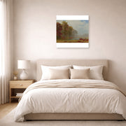 Unframed poster print of Albert Bierstadt's 'Autumn On The River' displayed on a wall in a bedroom