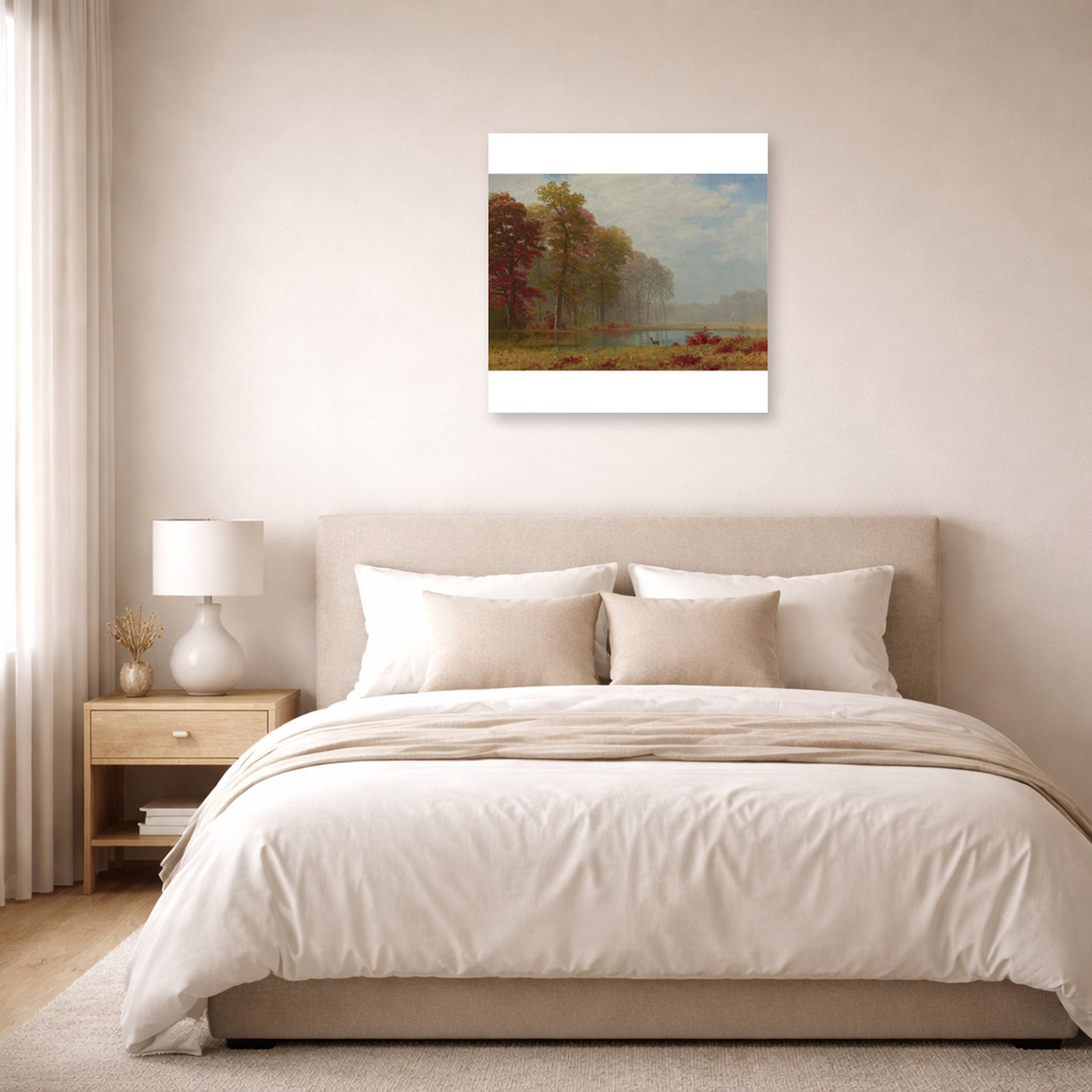 Unframed poster print of Albert Bierstadt's 'Autumn On The River' displayed on a wall in a bedroom