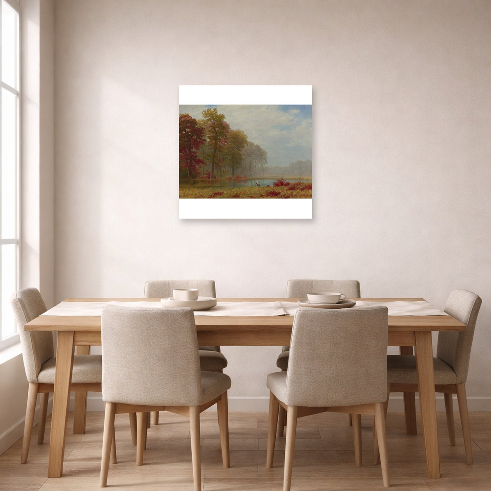 Unframed poster print of Albert Bierstadt's 'Autumn On The River' displayed on a wall in a dining room