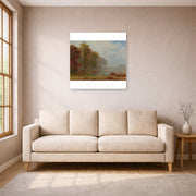 Unframed poster print of Albert Bierstadt's 'Autumn On The River' displayed on a wall in a living room