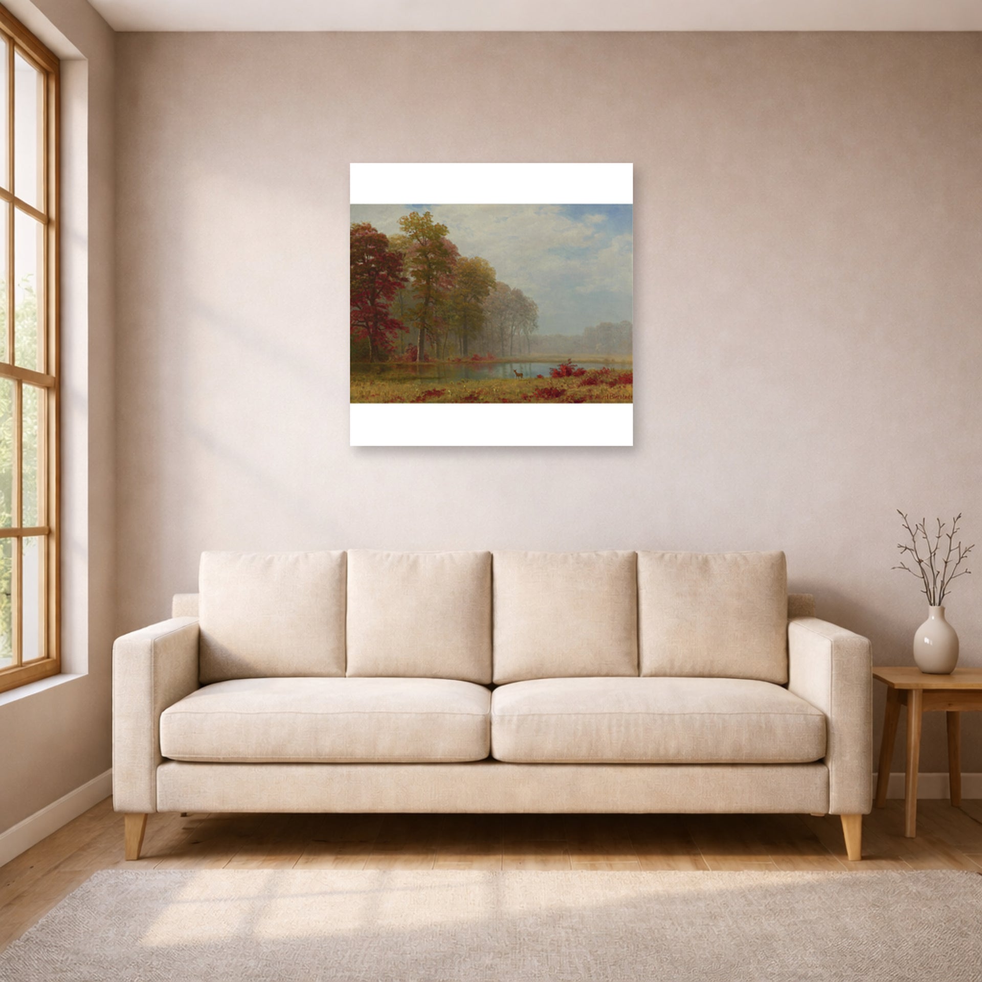 Unframed poster print of Albert Bierstadt's 'Autumn On The River' displayed on a wall in a living room