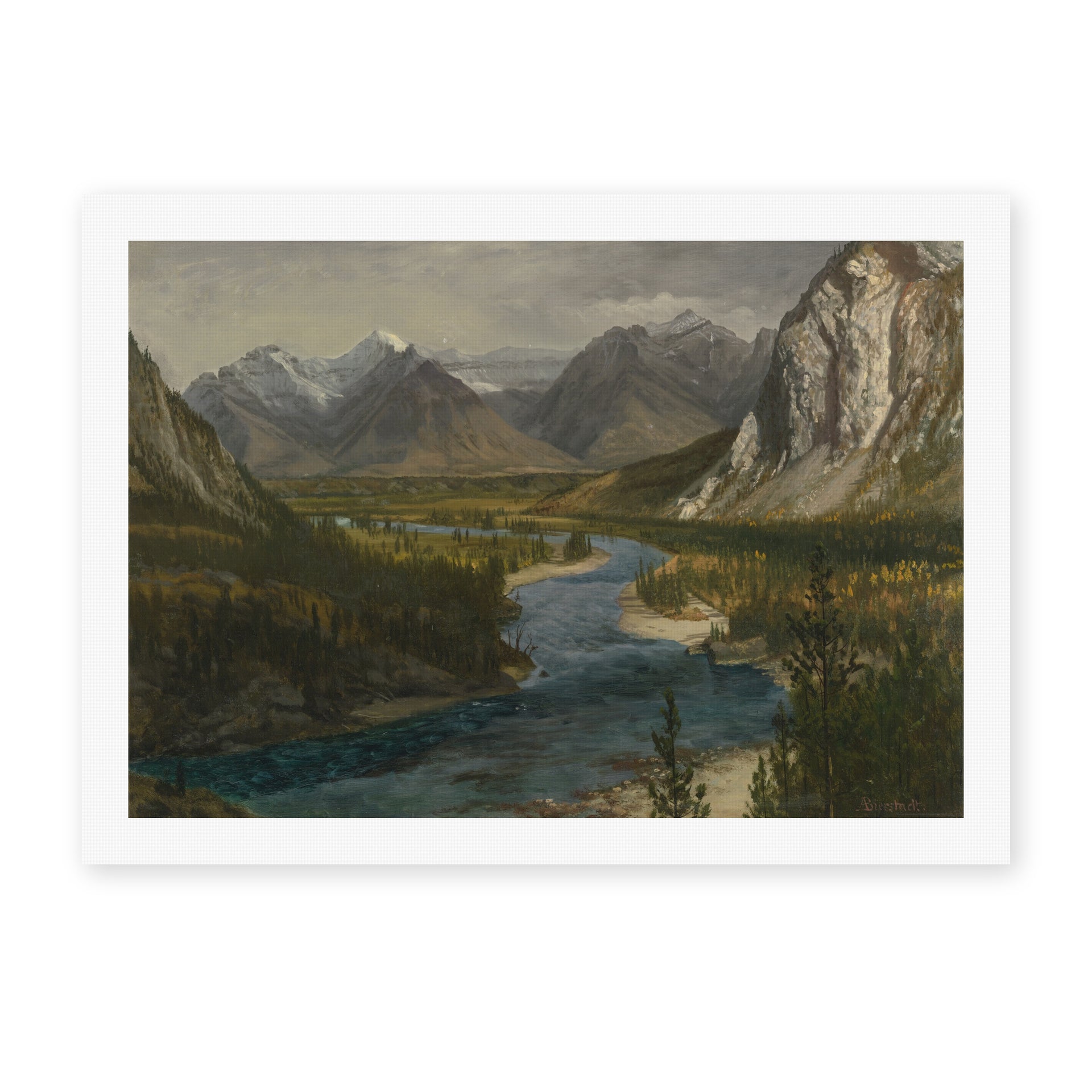 Albert Bierstadt's 'Bow River Falls Canadian Rockies' painting reproduced as a rolled canvas print