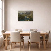 Gallery-wrapped canvas print of Albert Bierstadt's 'Bow River Falls Canadian Rockies' displayed on a wall in a dining room