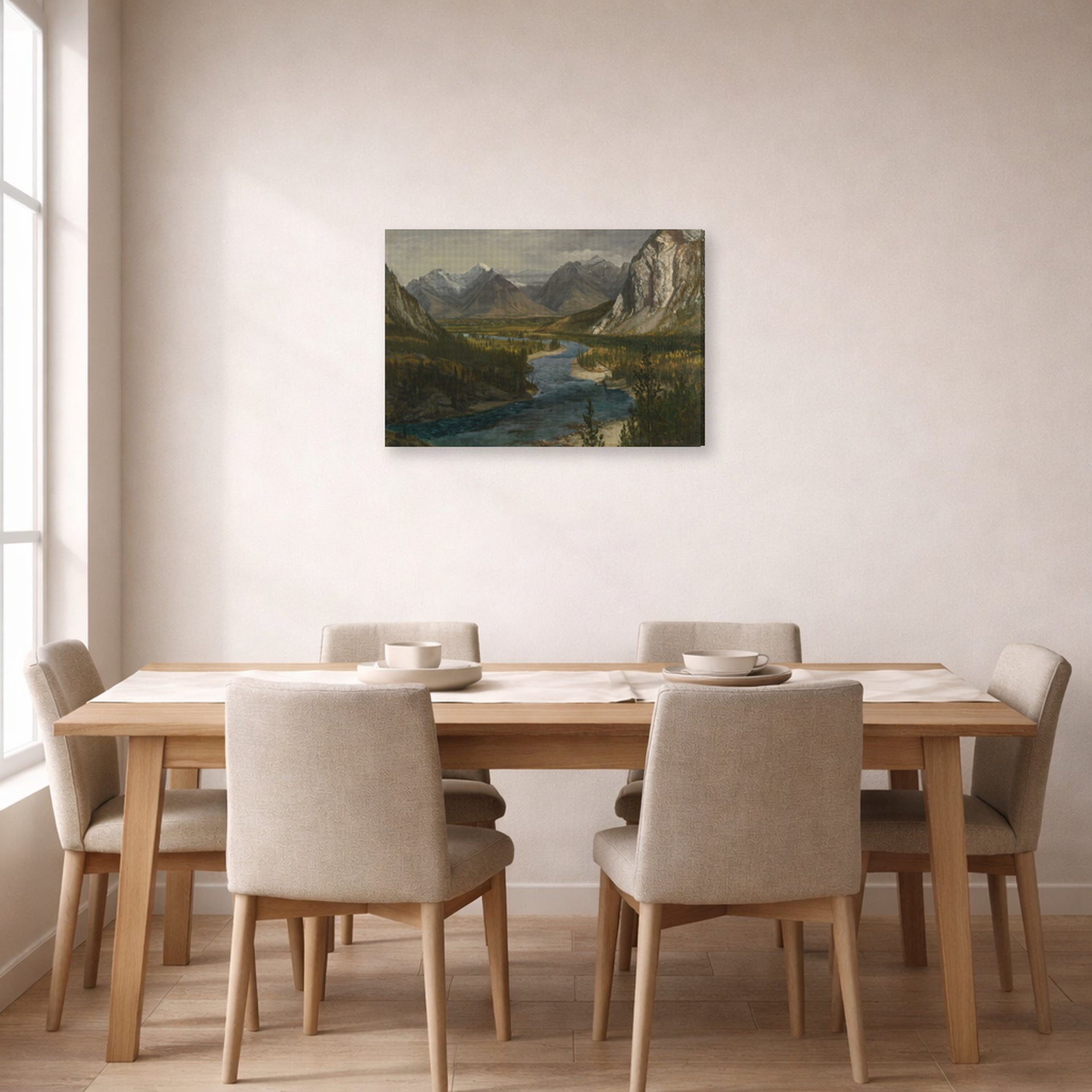 Gallery-wrapped canvas print of Albert Bierstadt's 'Bow River Falls Canadian Rockies' displayed on a wall in a dining room