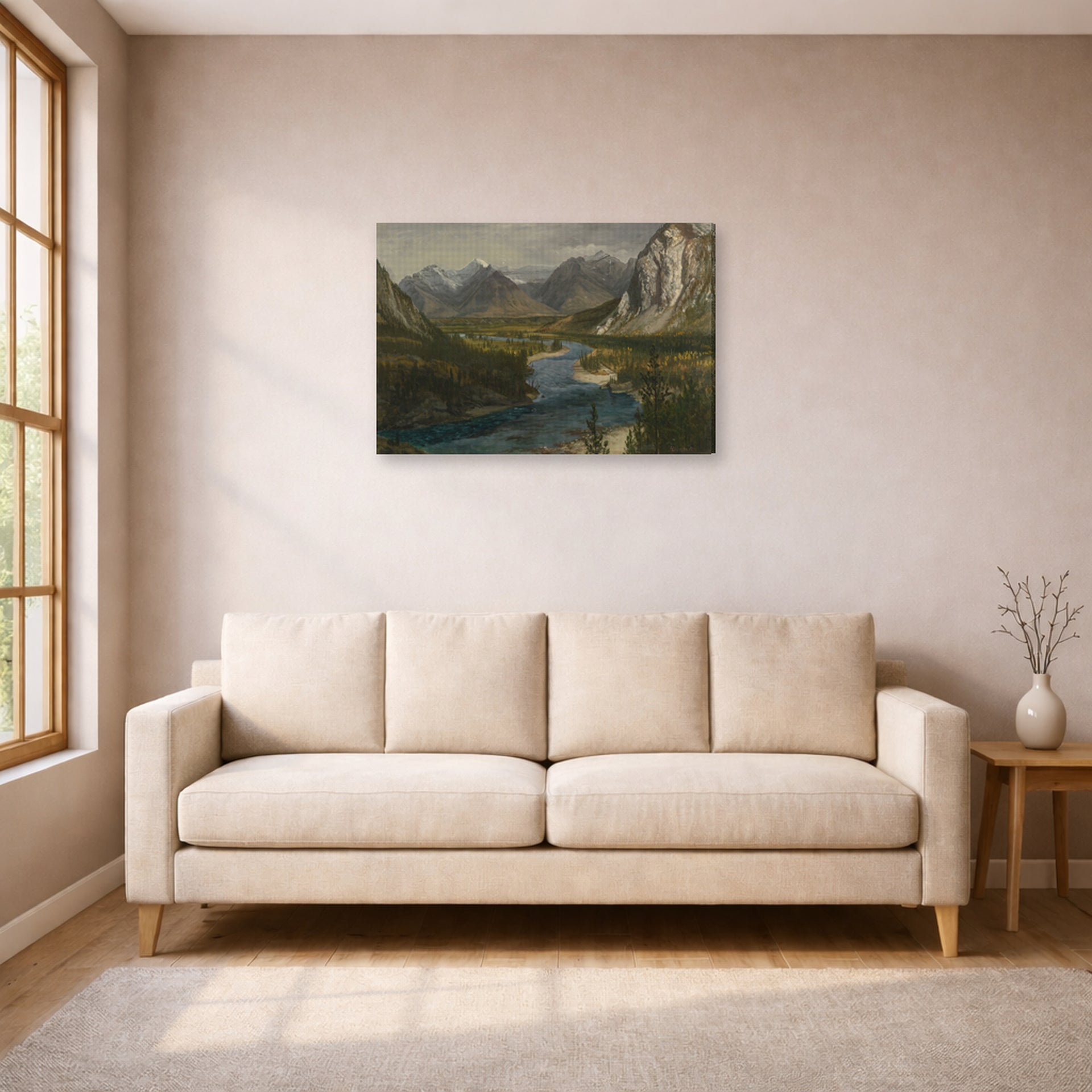Gallery-wrapped canvas print of Albert Bierstadt's 'Bow River Falls Canadian Rockies' displayed on a wall in a living room