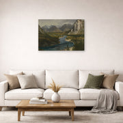 Gallery-wrapped canvas print of Albert Bierstadt's 'Bow River Falls Canadian Rockies' displayed on a wall in a living room