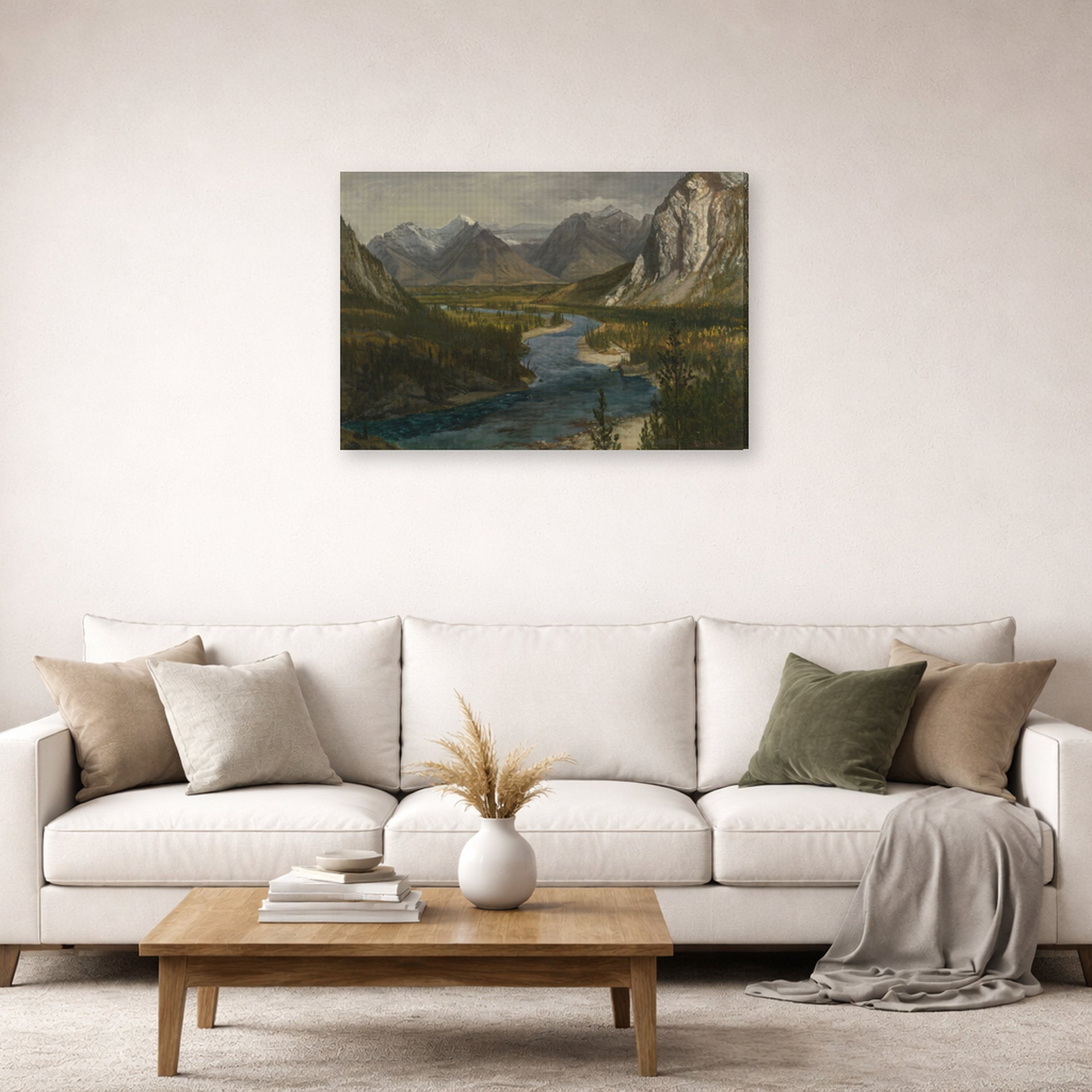 Gallery-wrapped canvas print of Albert Bierstadt's 'Bow River Falls Canadian Rockies' displayed on a wall in a living room