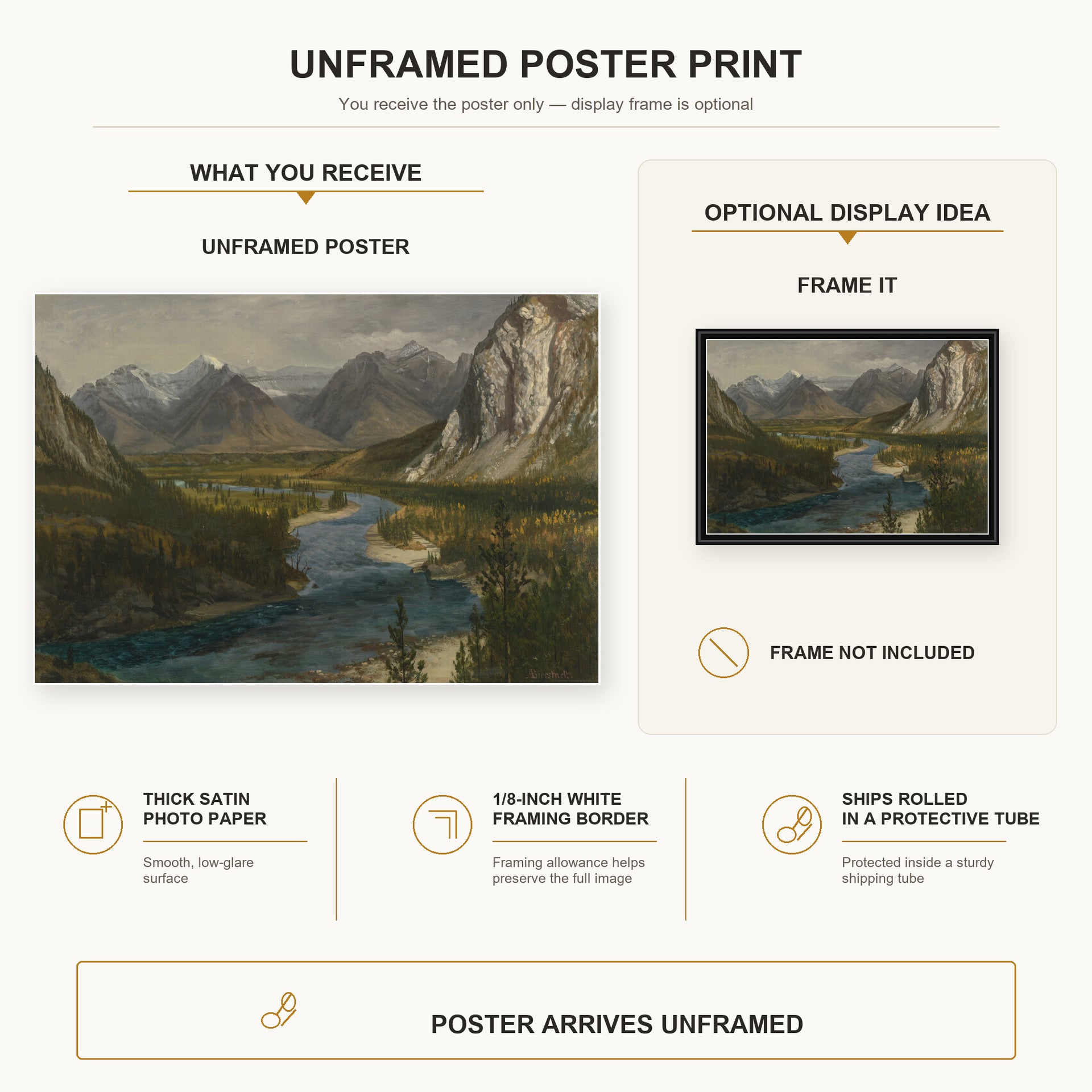 Albert Bierstadt - Bow River Falls Canadian Rockies poster print size comparison and framing display infographic