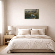Unframed poster print of Albert Bierstadt's 'Bow River Falls Canadian Rockies' displayed on a wall in a bedroom