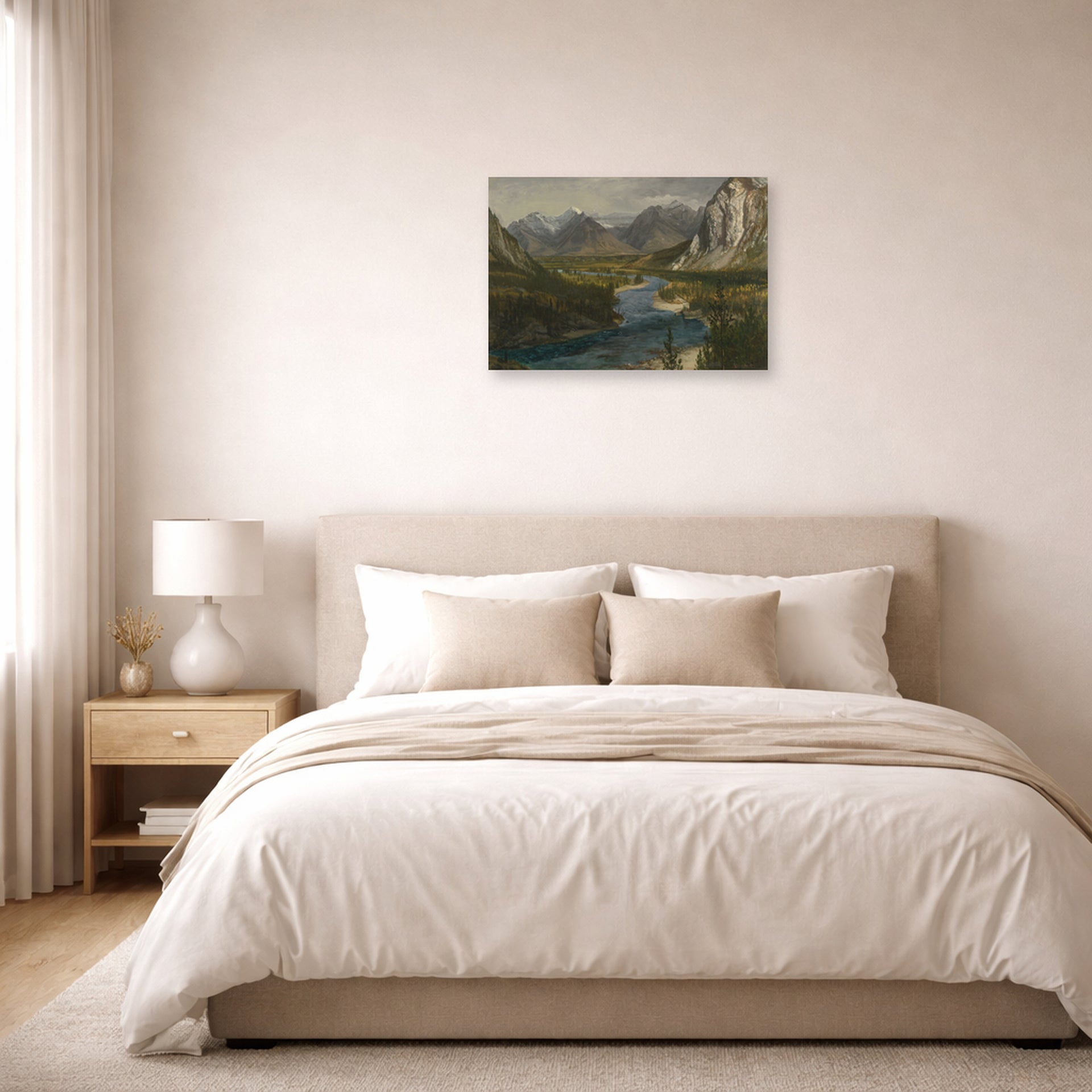 Unframed poster print of Albert Bierstadt's 'Bow River Falls Canadian Rockies' displayed on a wall in a bedroom