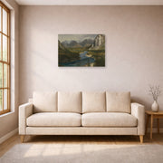 Unframed poster print of Albert Bierstadt's 'Bow River Falls Canadian Rockies' displayed on a wall in a living room