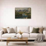 Unframed poster print of Albert Bierstadt's 'Bow River Falls Canadian Rockies' displayed on a wall in a living room