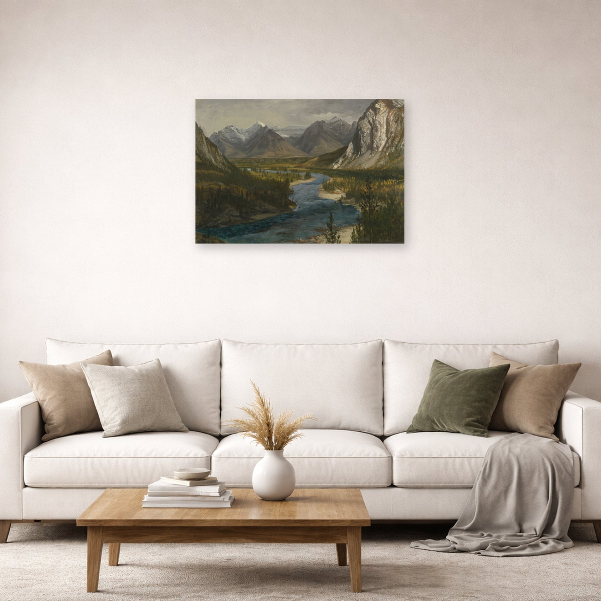 Unframed poster print of Albert Bierstadt's 'Bow River Falls Canadian Rockies' displayed on a wall in a living room