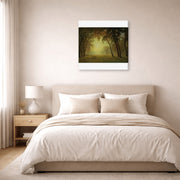 Gallery-wrapped canvas print of Albert Bierstadt's 'Deer in a clearing, Yosemite' displayed on a wall in a bedroom