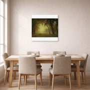 Gallery-wrapped canvas print of Albert Bierstadt's 'Deer in a clearing, Yosemite' displayed on a wall in a dining room