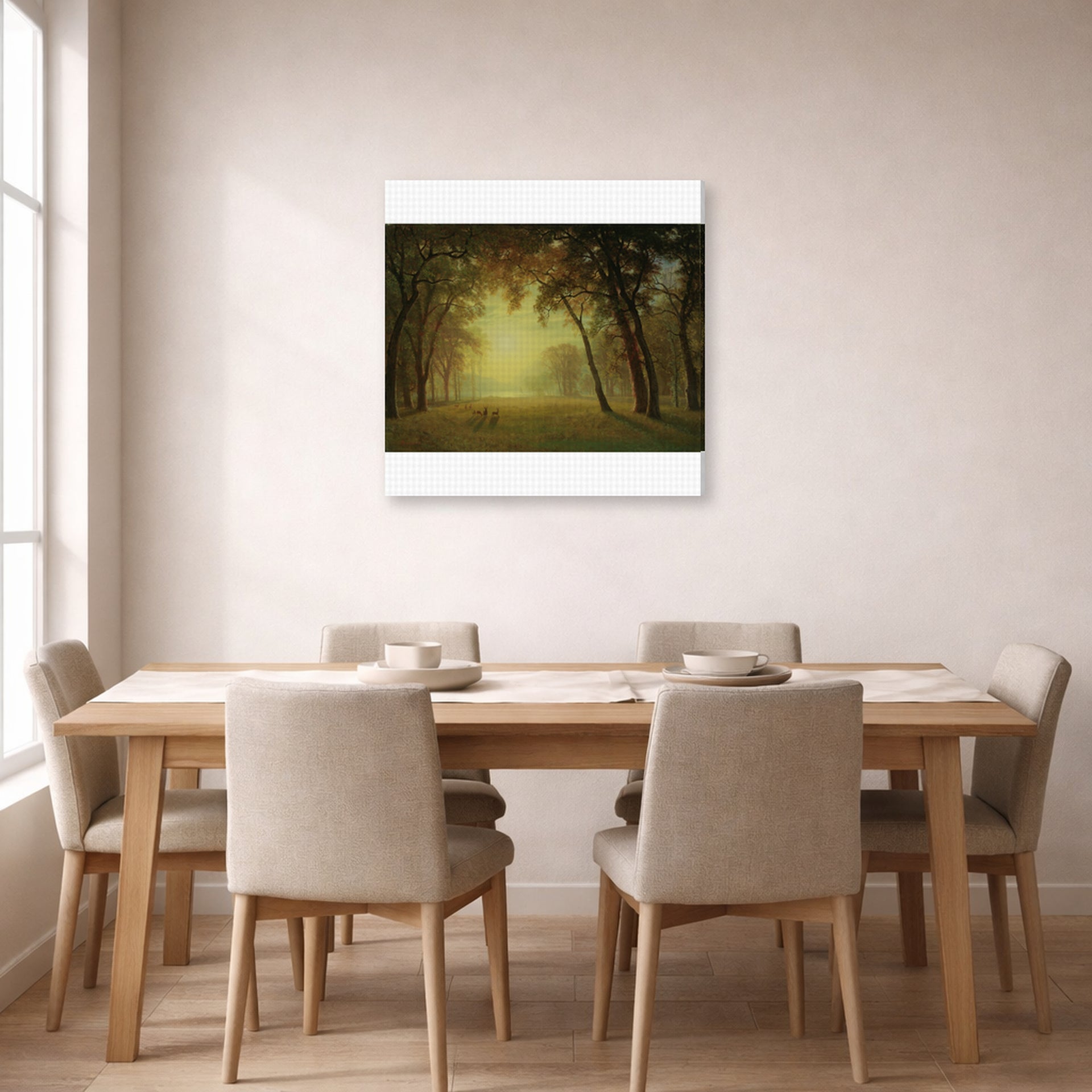 Gallery-wrapped canvas print of Albert Bierstadt's 'Deer in a clearing, Yosemite' displayed on a wall in a dining room