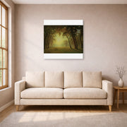 Gallery-wrapped canvas print of Albert Bierstadt's 'Deer in a clearing, Yosemite' displayed on a wall in a living room