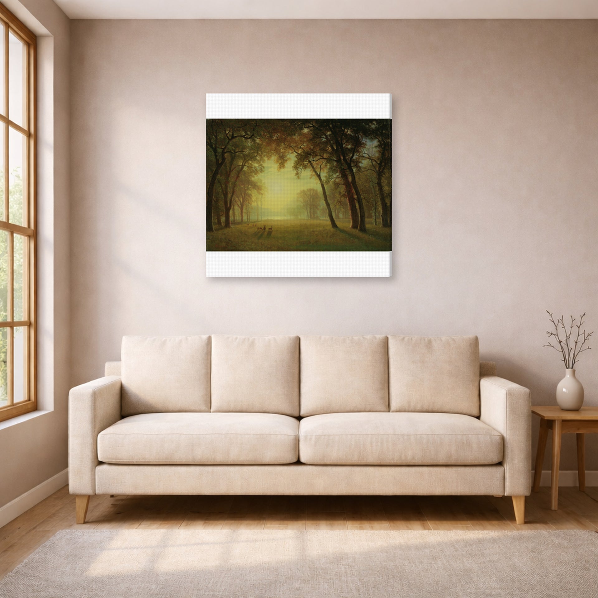 Gallery-wrapped canvas print of Albert Bierstadt's 'Deer in a clearing, Yosemite' displayed on a wall in a living room