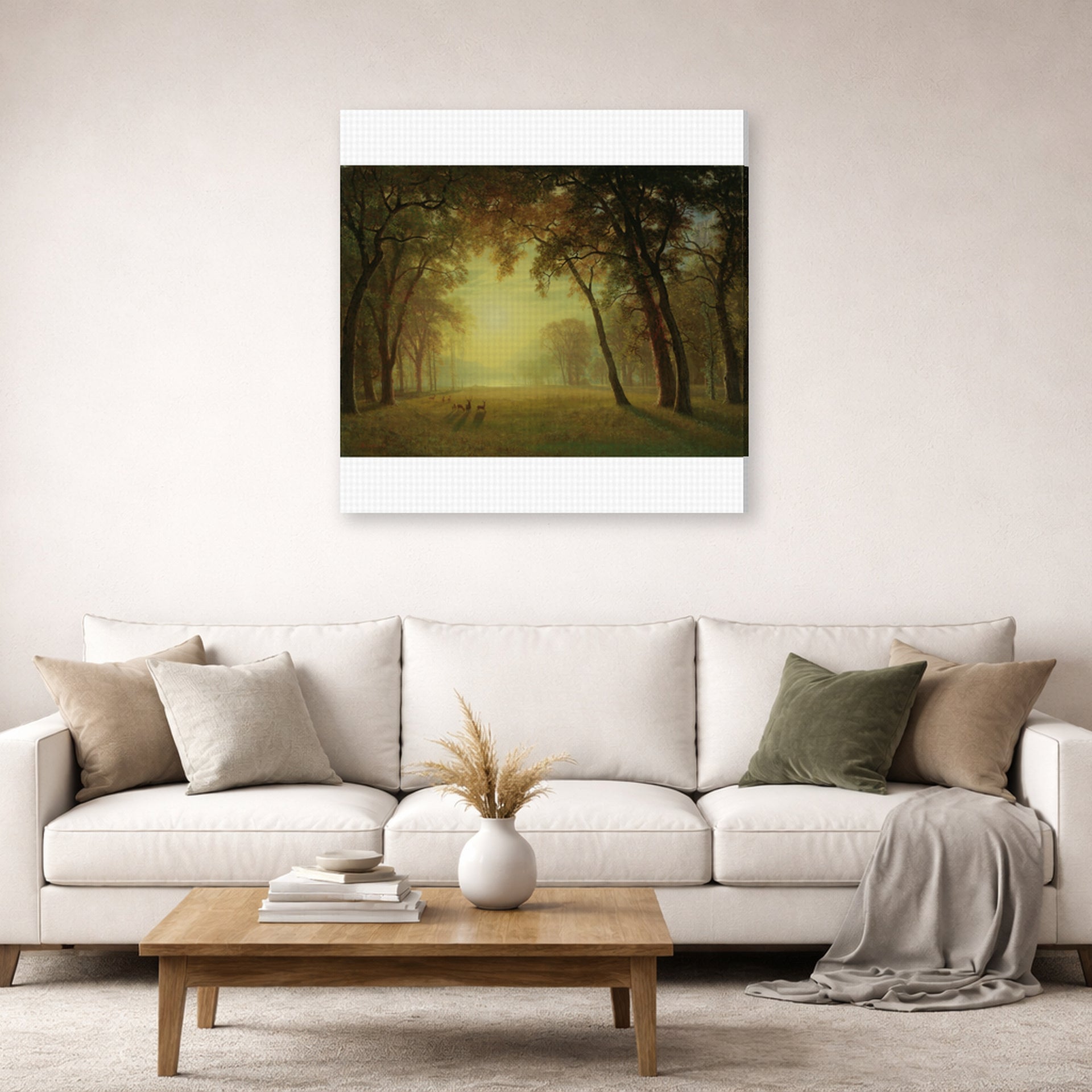 Gallery-wrapped canvas print of Albert Bierstadt's 'Deer in a clearing, Yosemite' displayed on a wall in a living room