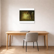 Gallery-wrapped canvas print of Albert Bierstadt's 'Deer in a clearing, Yosemite' displayed on a wall in a office