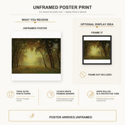 Albert Bierstadt - Deer in a clearing, Yosemite poster print size comparison and framing display infographic
