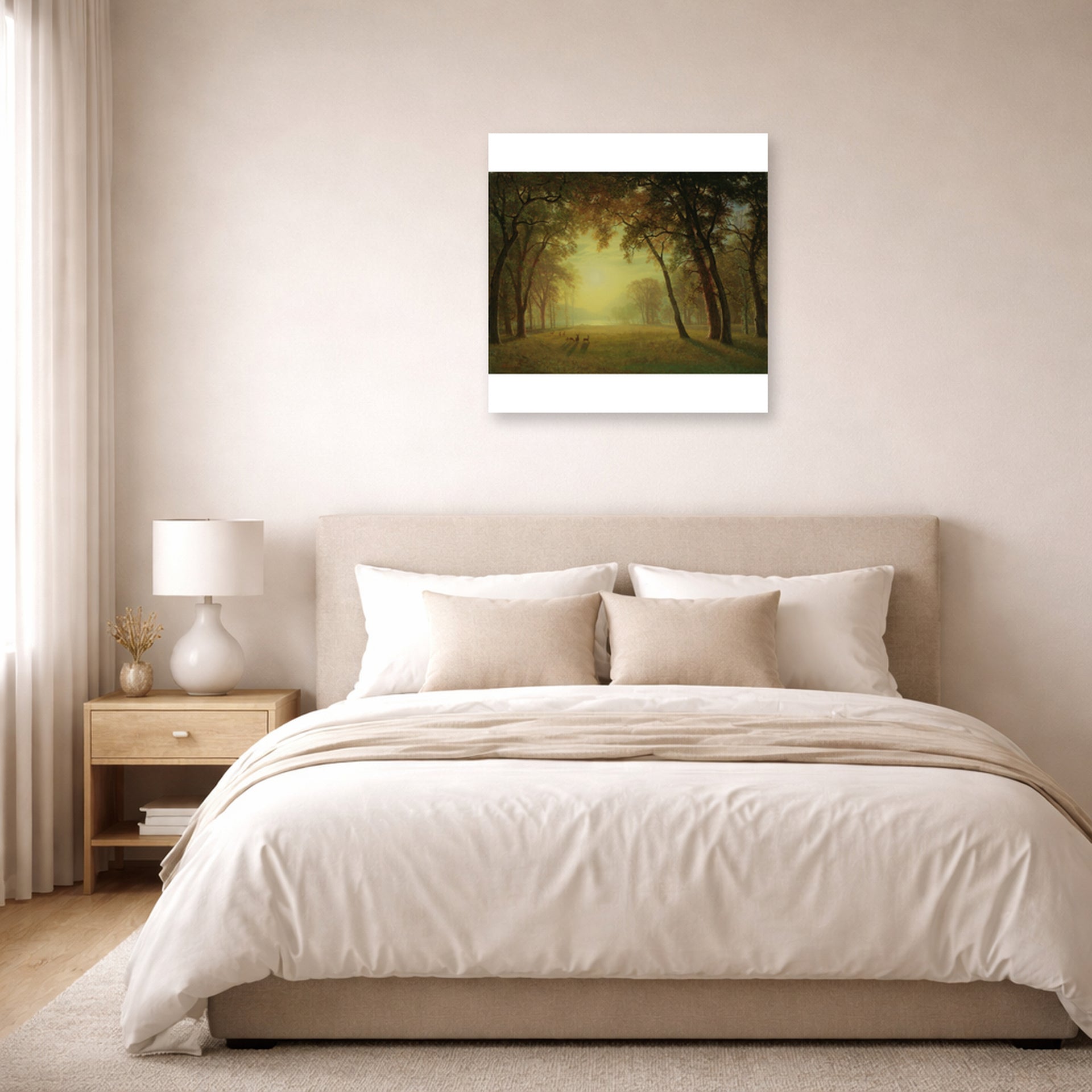 Unframed poster print of Albert Bierstadt's 'Deer in a clearing, Yosemite' displayed on a wall in a bedroom