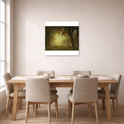 Unframed poster print of Albert Bierstadt's 'Deer in a clearing, Yosemite' displayed on a wall in a dining room