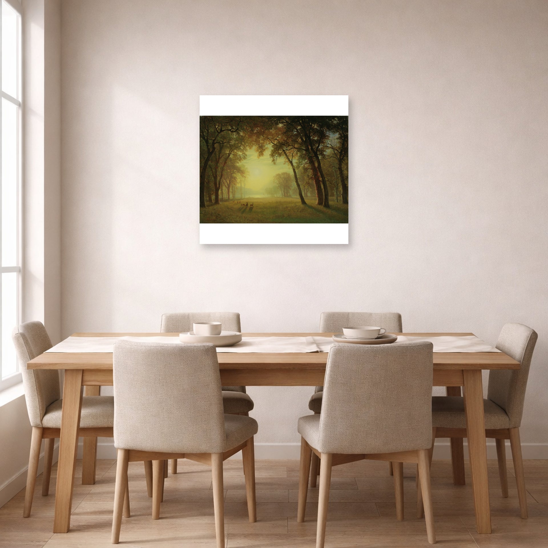 Unframed poster print of Albert Bierstadt's 'Deer in a clearing, Yosemite' displayed on a wall in a dining room