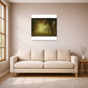 Unframed poster print of Albert Bierstadt's 'Deer in a clearing, Yosemite' displayed on a wall in a living room