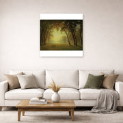 Unframed poster print of Albert Bierstadt's 'Deer in a clearing, Yosemite' displayed on a wall in a living room