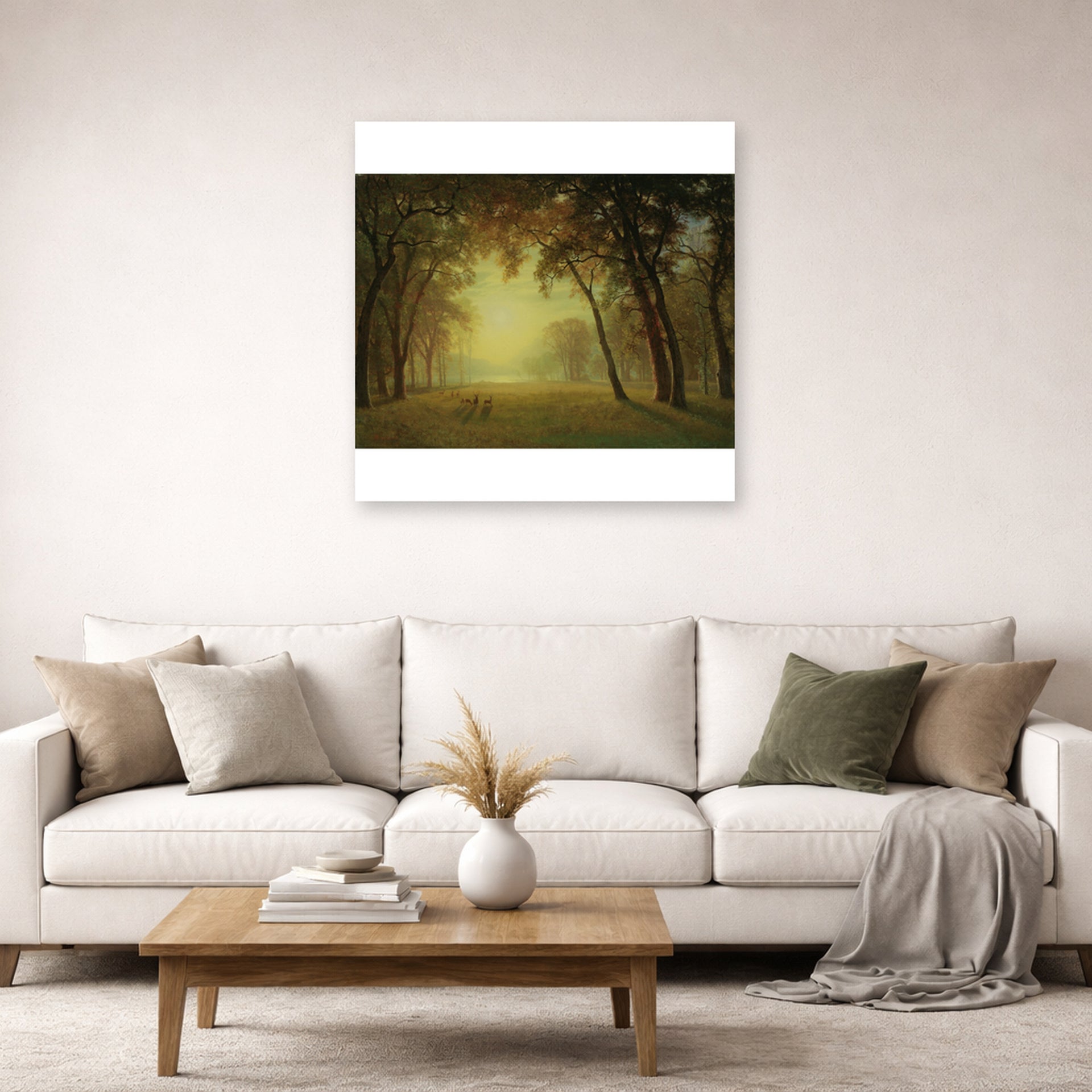 Unframed poster print of Albert Bierstadt's 'Deer in a clearing, Yosemite' displayed on a wall in a living room
