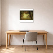 Unframed poster print of Albert Bierstadt's 'Deer in a clearing, Yosemite' displayed on a wall in a office