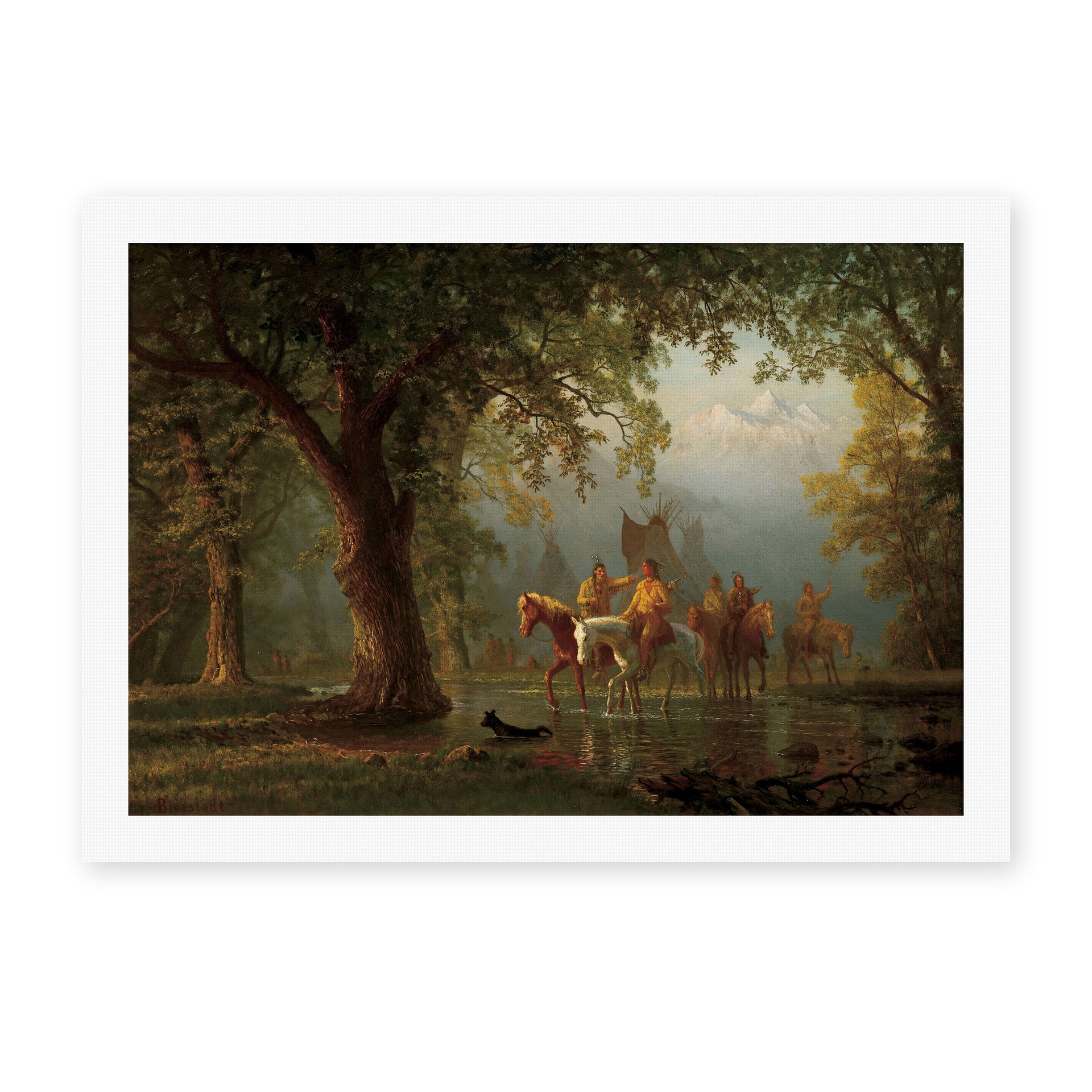 Albert Bierstadt's 'Departure of an Indian War Party' painting reproduced as a rolled canvas print