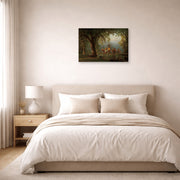 Gallery-wrapped canvas print of Albert Bierstadt's 'Departure of an Indian War Party' displayed on a wall in a bedroom