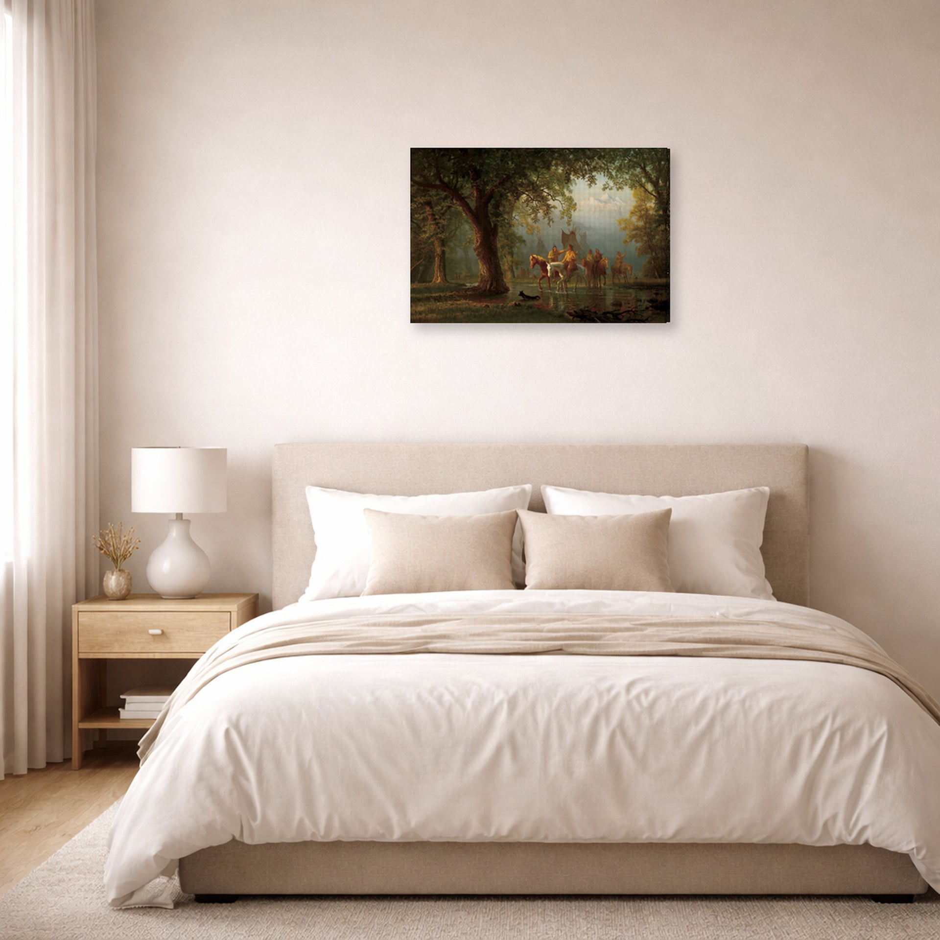 Gallery-wrapped canvas print of Albert Bierstadt's 'Departure of an Indian War Party' displayed on a wall in a bedroom