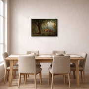 Gallery-wrapped canvas print of Albert Bierstadt's 'Departure of an Indian War Party' displayed on a wall in a dining room
