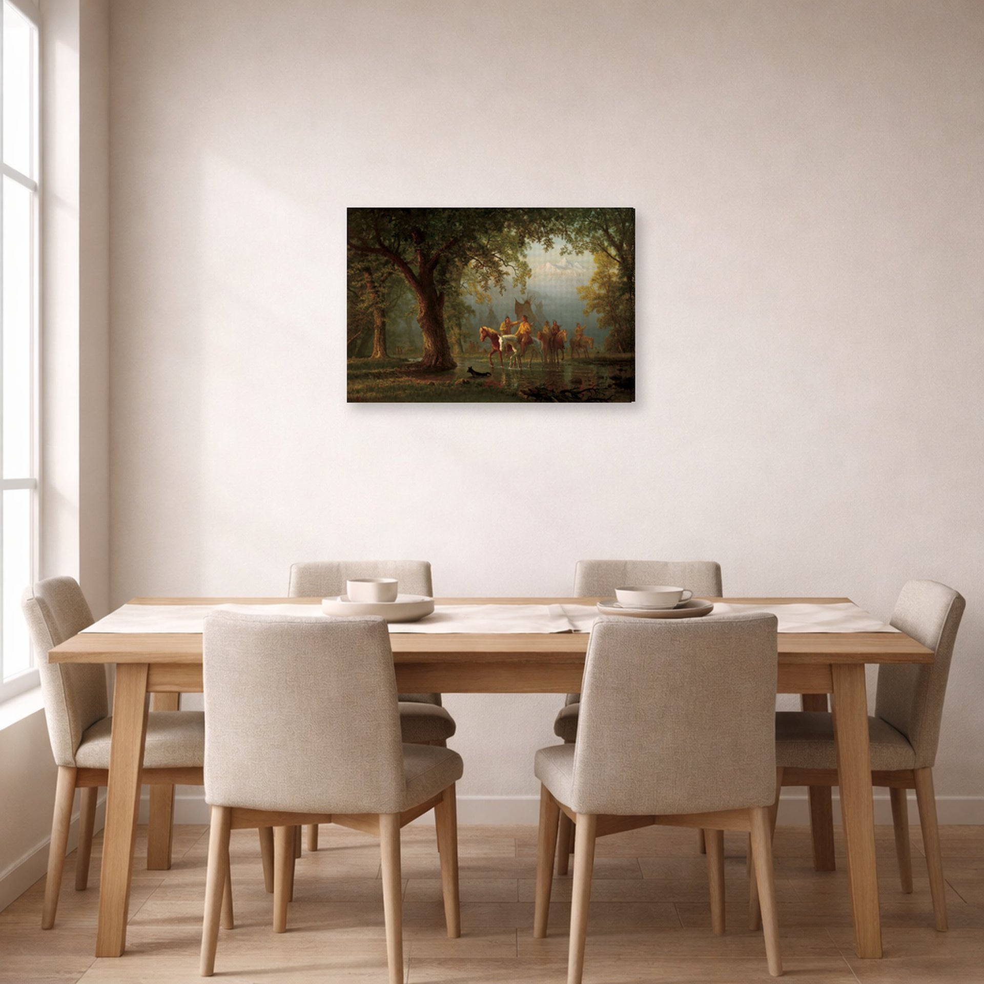 Gallery-wrapped canvas print of Albert Bierstadt's 'Departure of an Indian War Party' displayed on a wall in a dining room