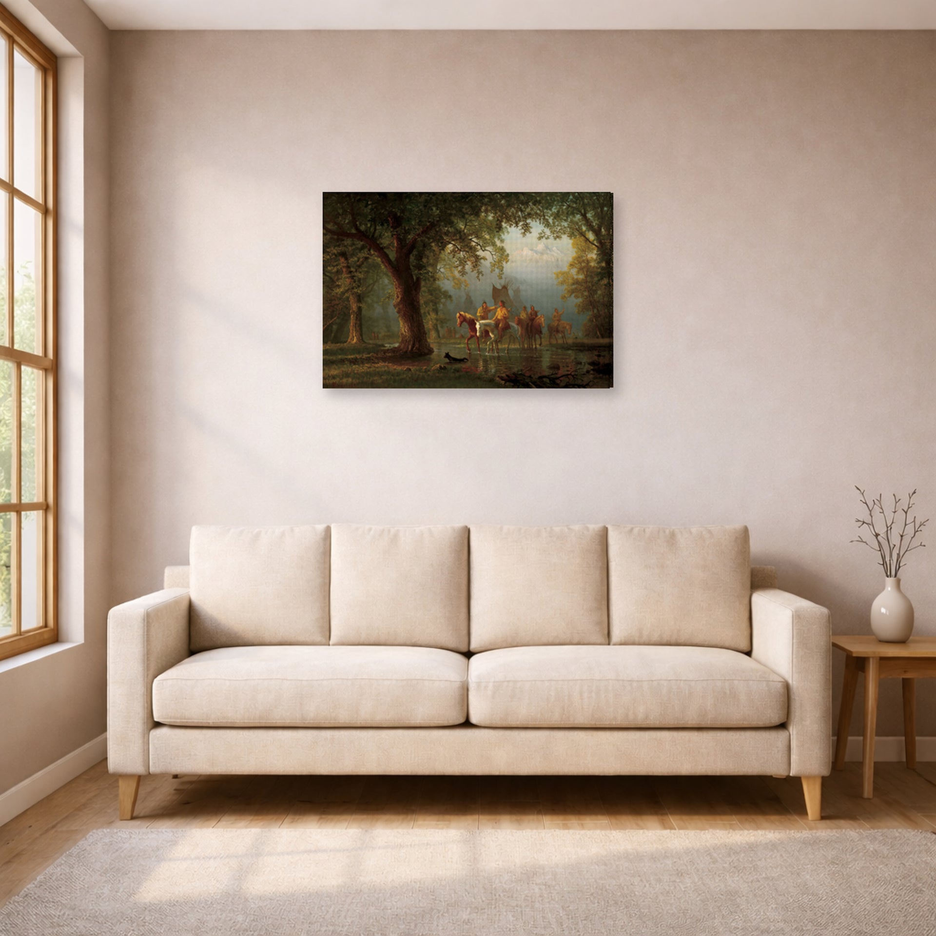 Gallery-wrapped canvas print of Albert Bierstadt's 'Departure of an Indian War Party' displayed on a wall in a living room