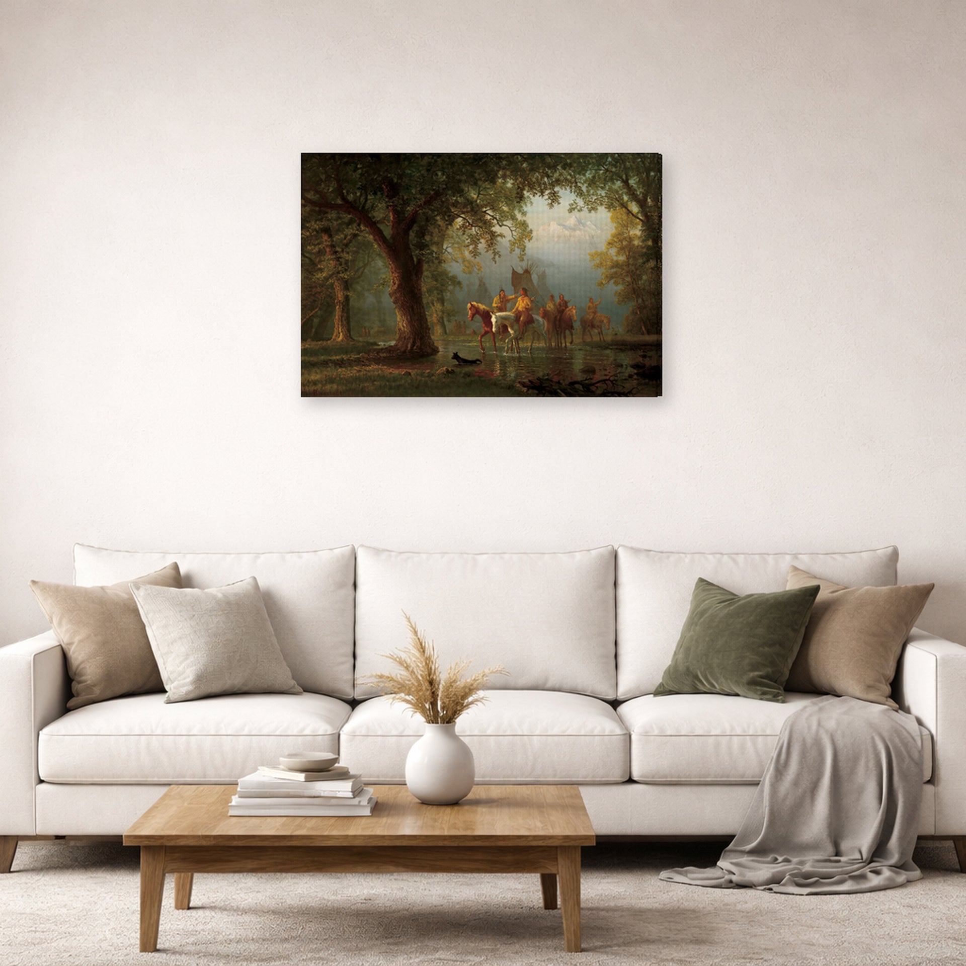 Gallery-wrapped canvas print of Albert Bierstadt's 'Departure of an Indian War Party' displayed on a wall in a living room