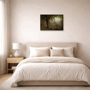 Unframed poster print of Albert Bierstadt's 'Departure of an Indian War Party' displayed on a wall in a bedroom
