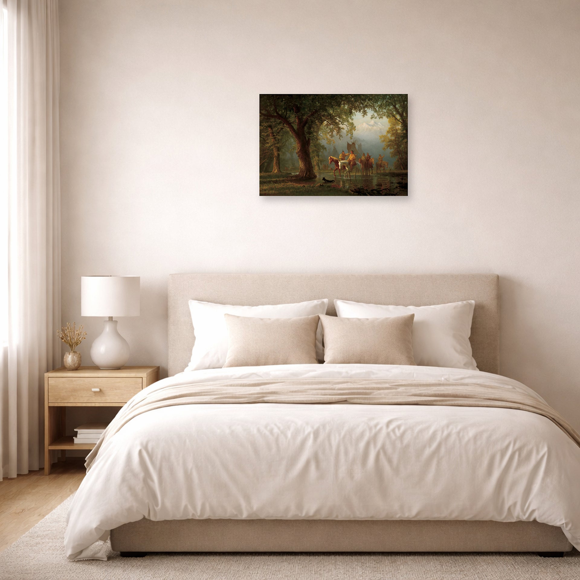 Unframed poster print of Albert Bierstadt's 'Departure of an Indian War Party' displayed on a wall in a bedroom