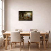 Unframed poster print of Albert Bierstadt's 'Departure of an Indian War Party' displayed on a wall in a dining room