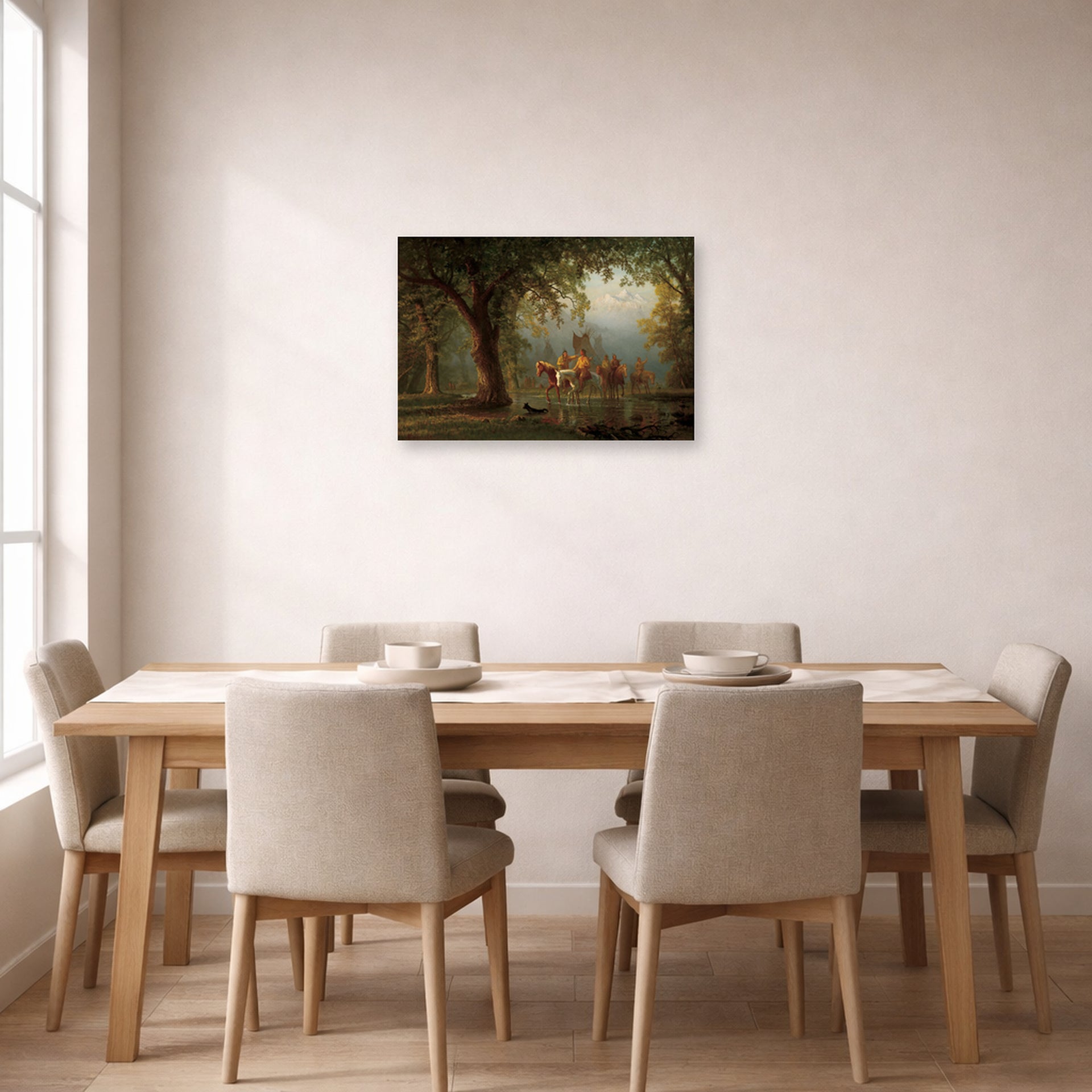 Unframed poster print of Albert Bierstadt's 'Departure of an Indian War Party' displayed on a wall in a dining room