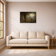 Unframed poster print of Albert Bierstadt's 'Departure of an Indian War Party' displayed on a wall in a living room